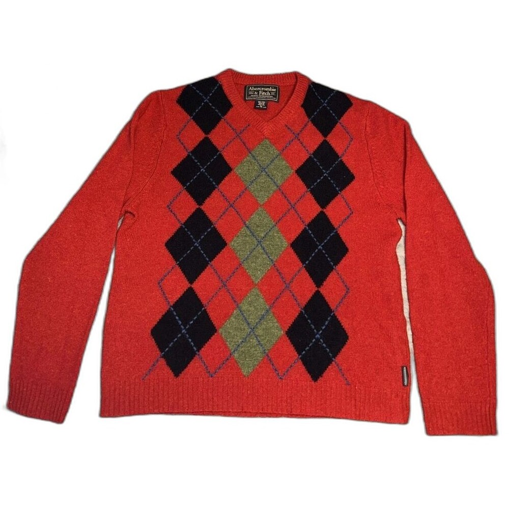 Vintage Abercrombie and Fitch Red Green V-neck 100% Wool Sweater Size Mens XL